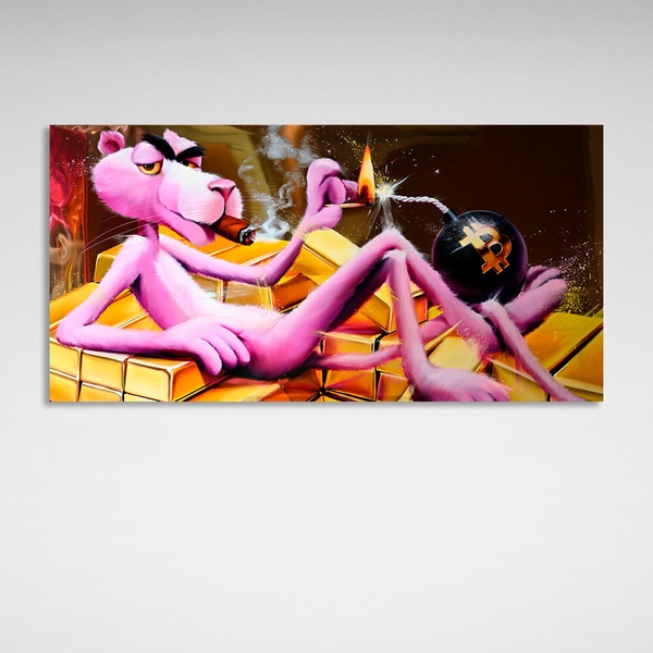 Картина на холсті Рожева пантера, золото та біткоїн, 30х60 см, Холст поліестеровий