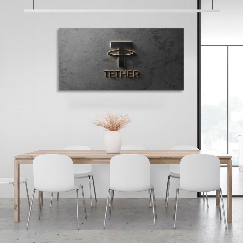 Картина на холсте Логотип криптовалюты Tether USDT на сером фоне, 30х60 см, Холст полиэстеровый