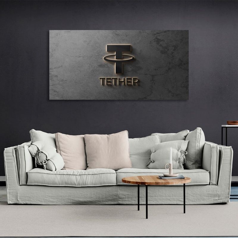 Картина на холсте Логотип криптовалюты Tether USDT на сером фоне, 30х60 см, Холст полиэстеровый