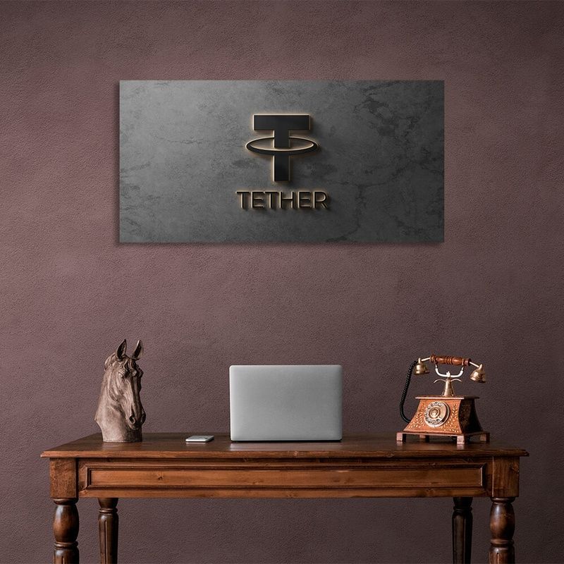 Картина на холсте Логотип криптовалюты Tether USDT на сером фоне, 30х60 см, Холст полиэстеровый