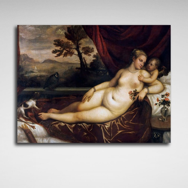 Картина на холсті репродукція Венера з Купідоном, собачкою та куропаткою Тіціан, 30х40 см, Холст поліестеровий