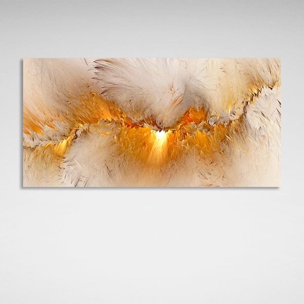 Картина на холсте белая абстракция с ярко желтым свечением, 30х60 см, Холст полиэстеровый