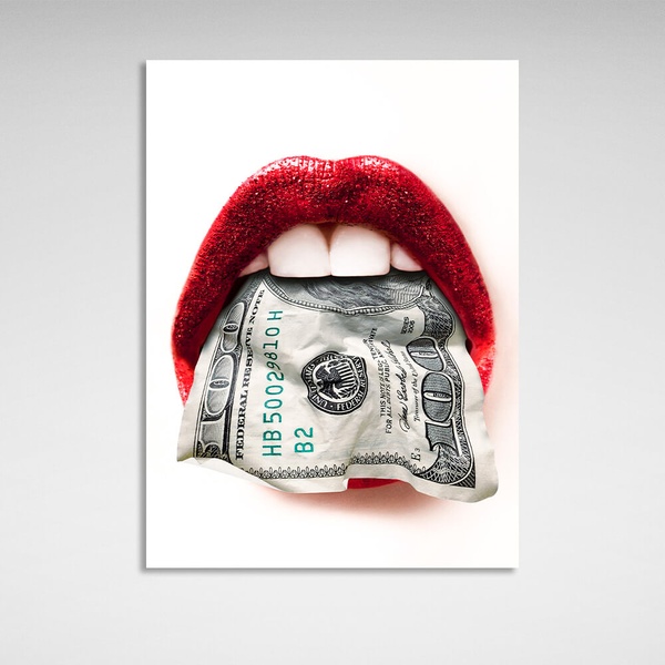 Картина на полотні Червоні губи на білому тлі 100 доларів, 30х40 см, Холст поліестеровий