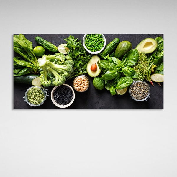Картина на полотні для кухні Зелень, капуста, перець, авокадо, 30х60 см, Холст поліестеровий