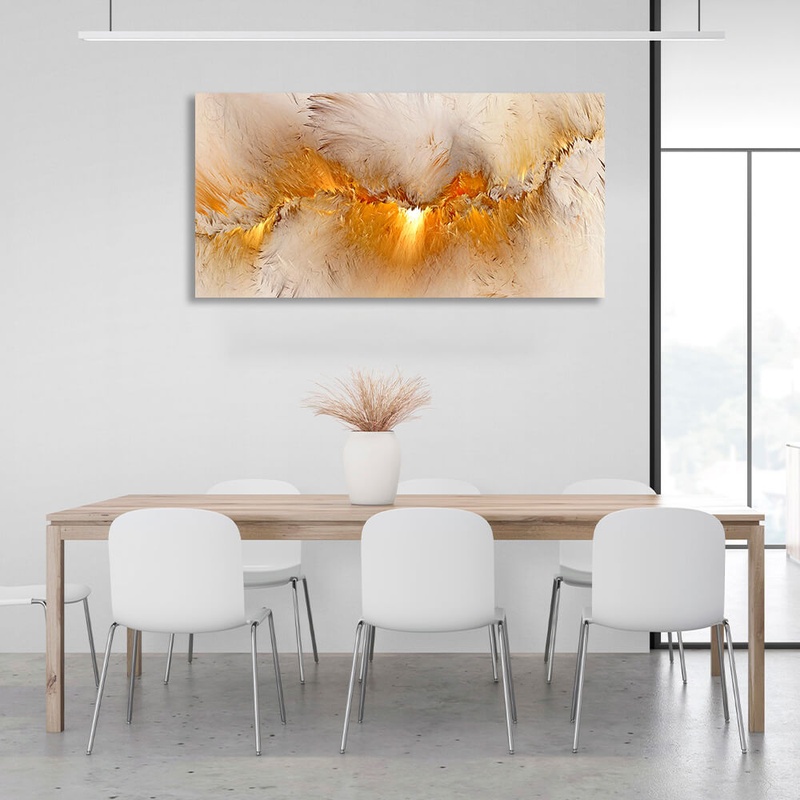 Картина на полотні біла абстракція з яскраво жовтим світінням, 30х60 см, Холст поліестеровий