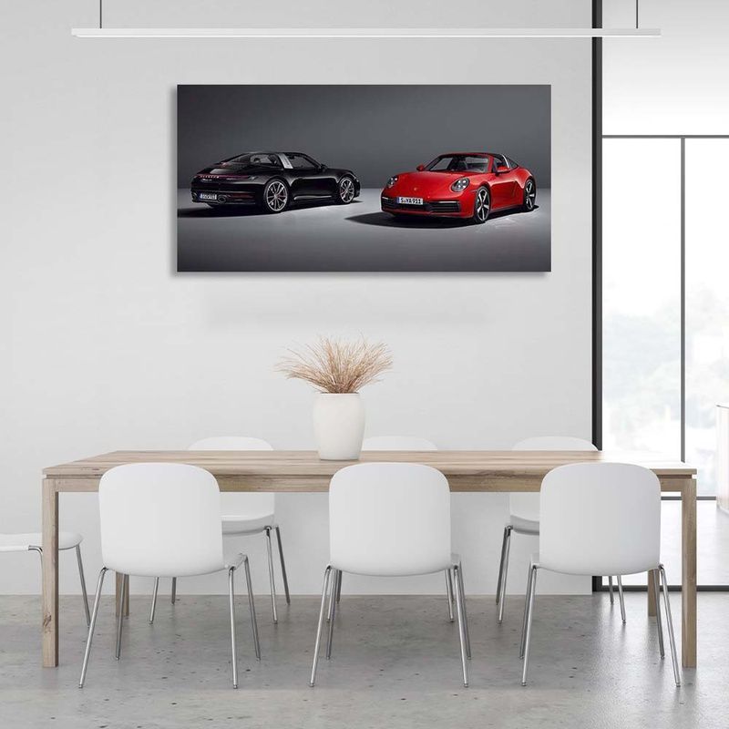 Картина на холсте на стену машина черная и красная Porsche 911 Targa , 30х60 см, Холст полиэстеровый