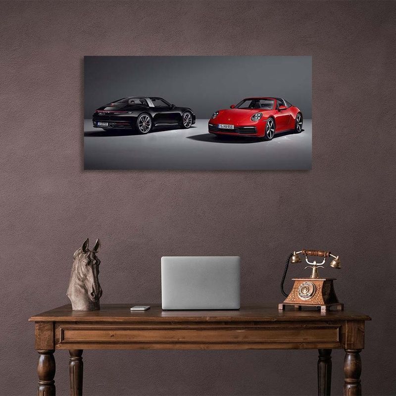Картина на холсте на стену машина черная и красная Porsche 911 Targa , 30х60 см, Холст полиэстеровый