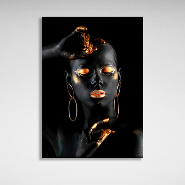 Картина на полотні дівчина із золотим макіяжем на чорному тлі, 30х40 см, Холст поліестеровий