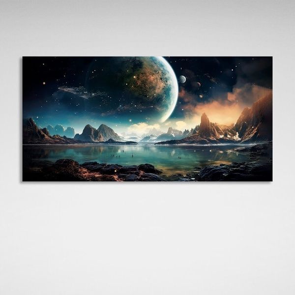 Картина на холсте Космос планета, озеро и горы, 30х60 см, Холст полиэстеровый