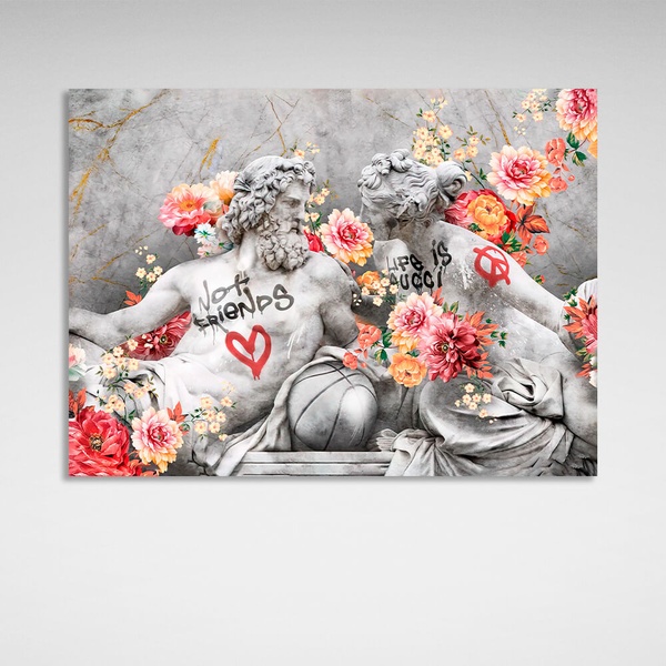 Картина на полотні на стіну у вітальню інтер'єрна Статуї Зевс і Венера у квітах, 30х40 см, Холст поліестеровий