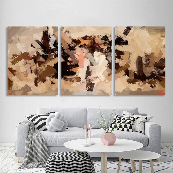 Картина на полотні модульна мазки фарби в бежево-коричневих тонах, 3 частини по 30х40 см, Холст поліестеровий