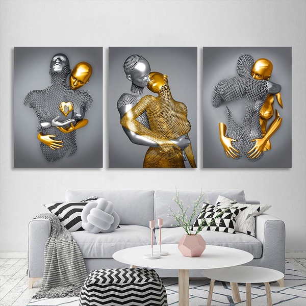 Картина на полотні модульна з трьох частин для спальні Статуї чоловіка та жінки срібна та золота, 3 частини по 30х40 см, Холст поліестеровий