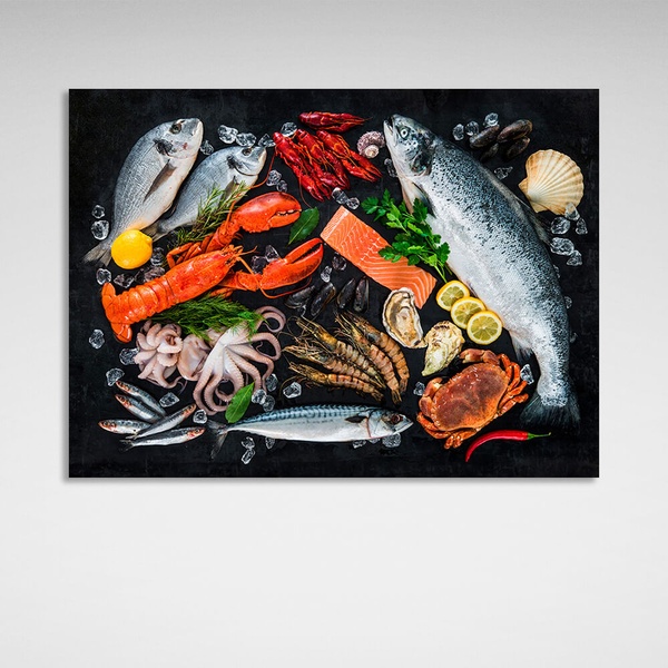 Картина на полотні морепродукти на чорній поверхні, 30х40 см, Холст поліестеровий