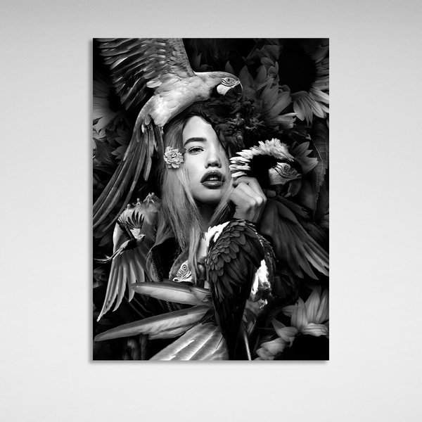 Картина на полотні на стіну інтер'єрна чорно-біла Жінка і папуги в квітах, 30х40 см, Холст поліестеровий