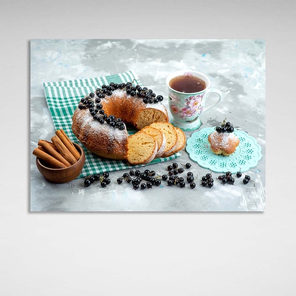 Картина на полотні для кухні чай, кориця і кекс із чорною смородиною, 30х40 см, Холст поліестеровий