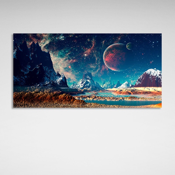 Картина на холсте космос с планетами в голубом цвете, 30х60 см, Холст полиэстеровый