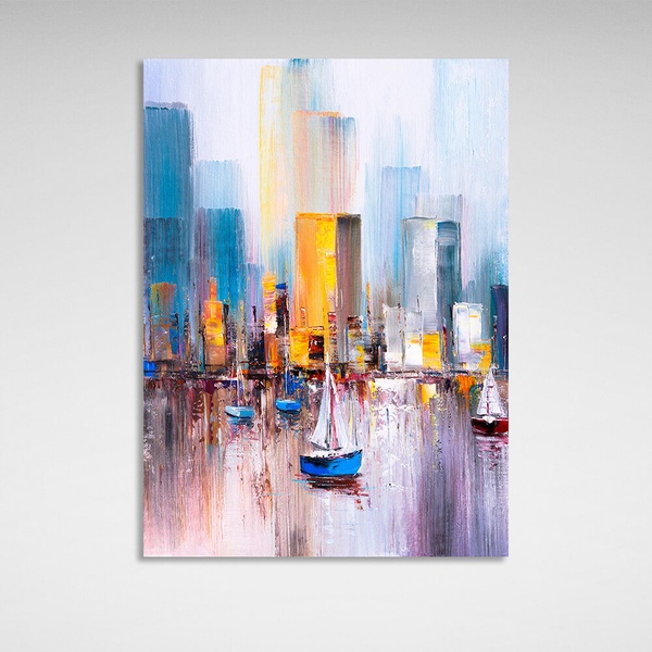 Картина на полотні човни в морі на тлі великого міста, 30х40 см, Холст поліестеровий