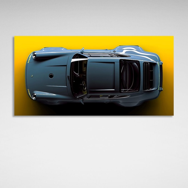 Картина на полотні на стіну інтер'єрна автомобіль Porsche 911 блакитний Порше на жовтому тлі, 30х60 см, Холст поліестеровий