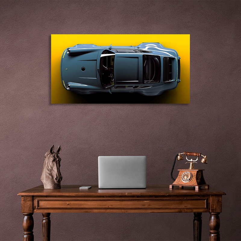 Картина на полотні на стіну інтер'єрна автомобіль Porsche 911 блакитний Порше на жовтому тлі, 30х60 см, Холст поліестеровий