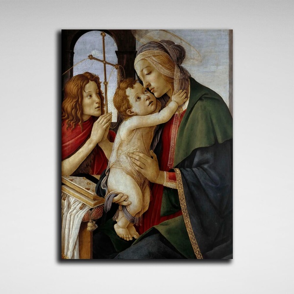 Картина на холсті репродукція Мадонна з немовлям та юним Іоанном Хрестителем Сандро Боттічеллі, 30х40 см, Холст поліестеровий