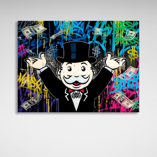 Картина на полотні Алек Монополія на тлі грошового графіті, 30х40 см, Холст поліестеровий