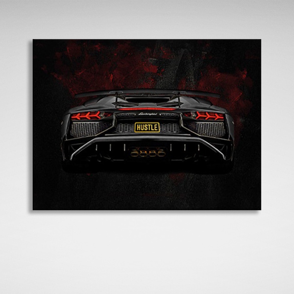 Картина на полотні Lamborghini Aventador вид ззаду на чорно-бордовому фоні, 30х40 см, Холст поліестеровий