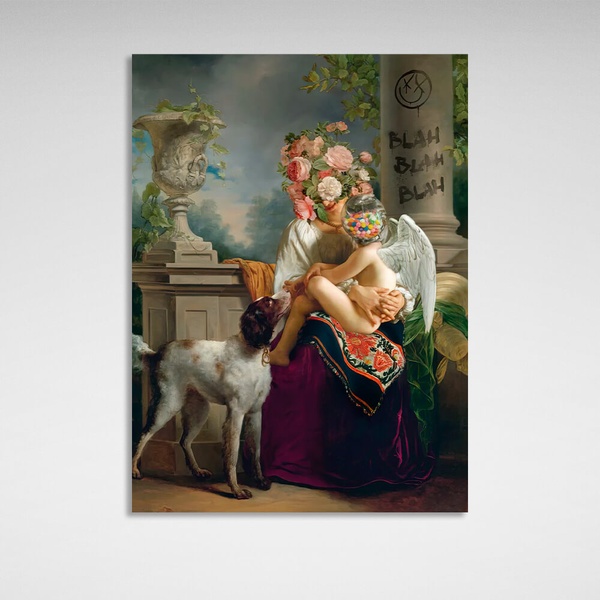 Картина на полотні на стіну у вітальню Жінка з квітами на голові та ангел з цукерками, 30х40 см, Холст поліестеровий