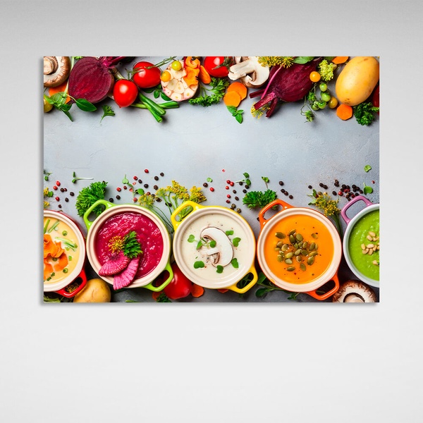 Картина на холсті для кухні Яскраві крем супи, 30х40 см, Холст поліестеровий