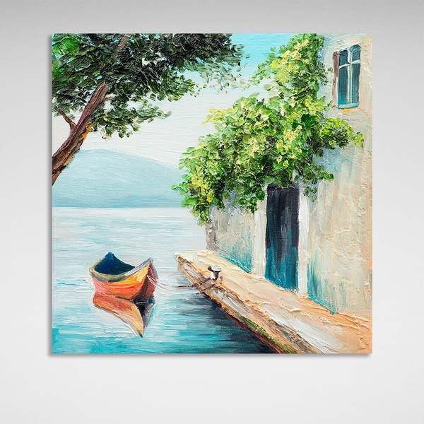 Картина на полотні човен біля будинку на воді, 30х30 см, Холст поліестеровий