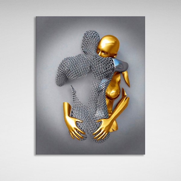 Картина на полотні металеві фігури золота дівчина і срібний чоловік на полотні, 30х40 см, Холст поліестеровий
