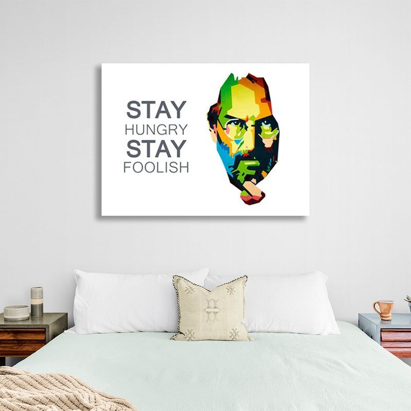 Картина на холсте Стив Джобс на белом фоне с надписью "STAY HUNGRY STAY FOOLISH", 30х45 см, Холст полиэстеровый