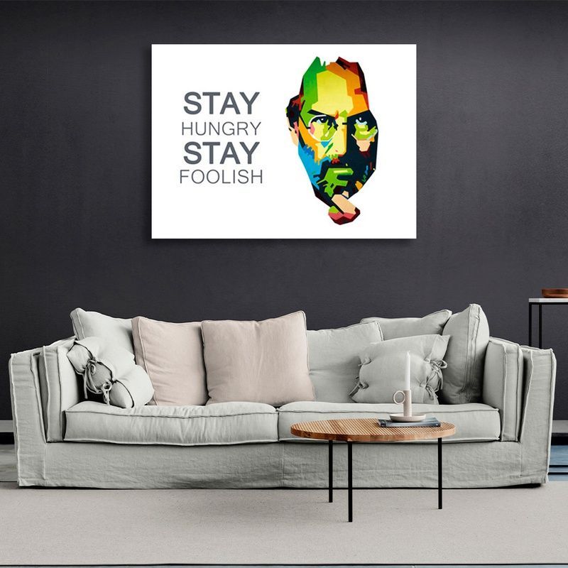 Картина на холсте Стив Джобс на белом фоне с надписью "STAY HUNGRY STAY FOOLISH", 30х45 см, Холст полиэстеровый