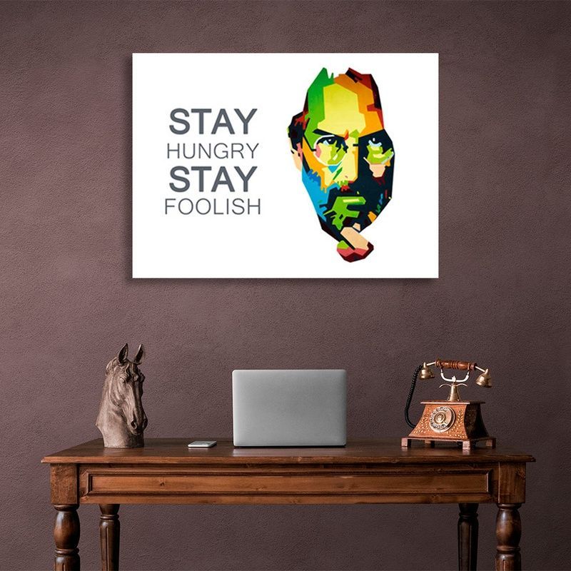 Картина на холсте Стив Джобс на белом фоне с надписью "STAY HUNGRY STAY FOOLISH", 30х45 см, Холст полиэстеровый