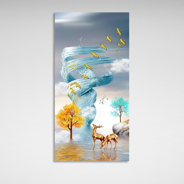 Картина на полотні абстракція два олені на тлі водного смерчу ніжно блакитного кольору, 30х60 см, Холст поліестеровий