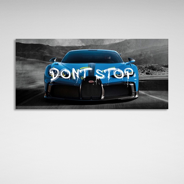 Картина на полотні машина Bugatti блакитного кольору на сірих дорогах, 30х60 см, Холст поліестеровий