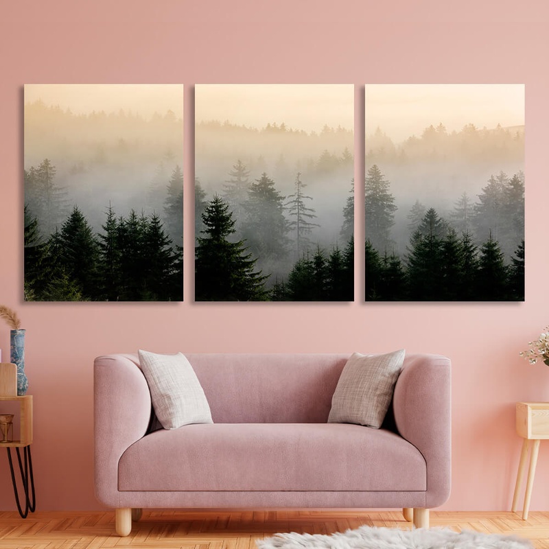 Картина на холсте модульная туман в лесу, 3 части по 30х40 см, Холст полиэстеровый