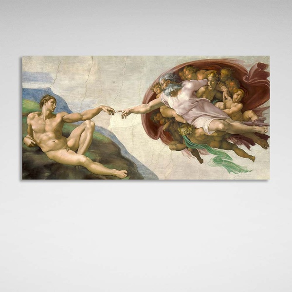Картина на холсте репродукция фреска Микеланджело Сотворение Адама, 30х60 см, Холст полиэстеровый
