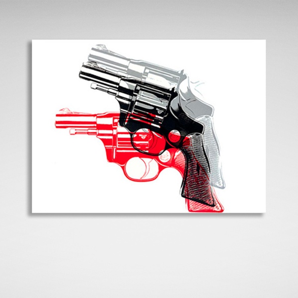 Картина на полотні револьвер із червоною та сірою тінню на білому тлі, 30х40 см, Холст поліестеровий