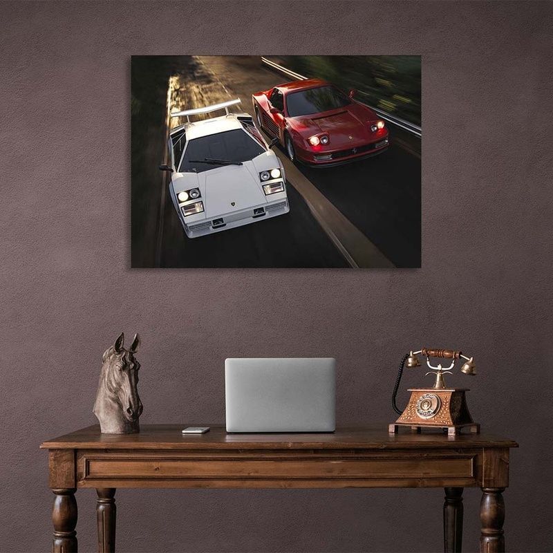 Картина на полотні машини Ferrari Testarossa vs Lamborghini Countach, 30х40 см, Холст поліестеровий