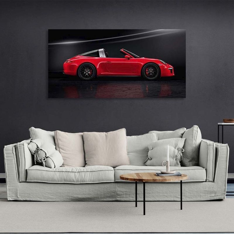 Картина на полотні на стіну автомобіль червоний Porsche 911 Targa 4 GTS , 30х60 см, Холст поліестеровий