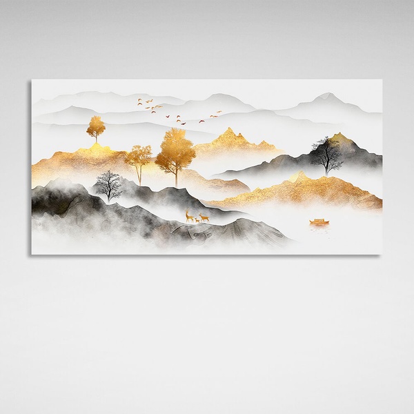 Картина на полотні гори дерева дерева тварини та птахи, 30х60 см, Холст поліестеровий