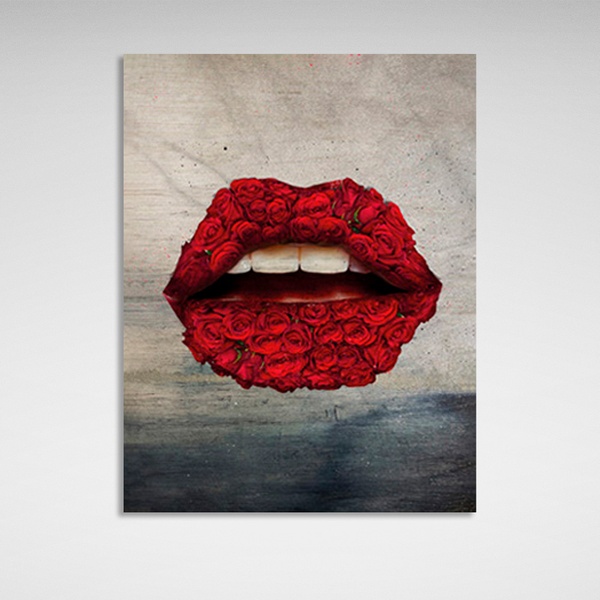 Картина на полотні губи з троянд червоного кольору на сіро-темному тлі, 30х40 см, Холст поліестеровий