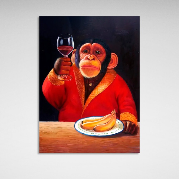 Картина на полотні на стіну інтер'єрна Мавпа, банани та вино, 30х40 см, Холст поліестеровий
