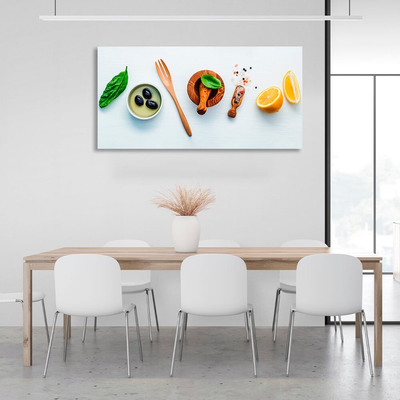 Картина на холсті для кухні Спеції, лимон та оливки, 30х60 см, Холст поліестеровий