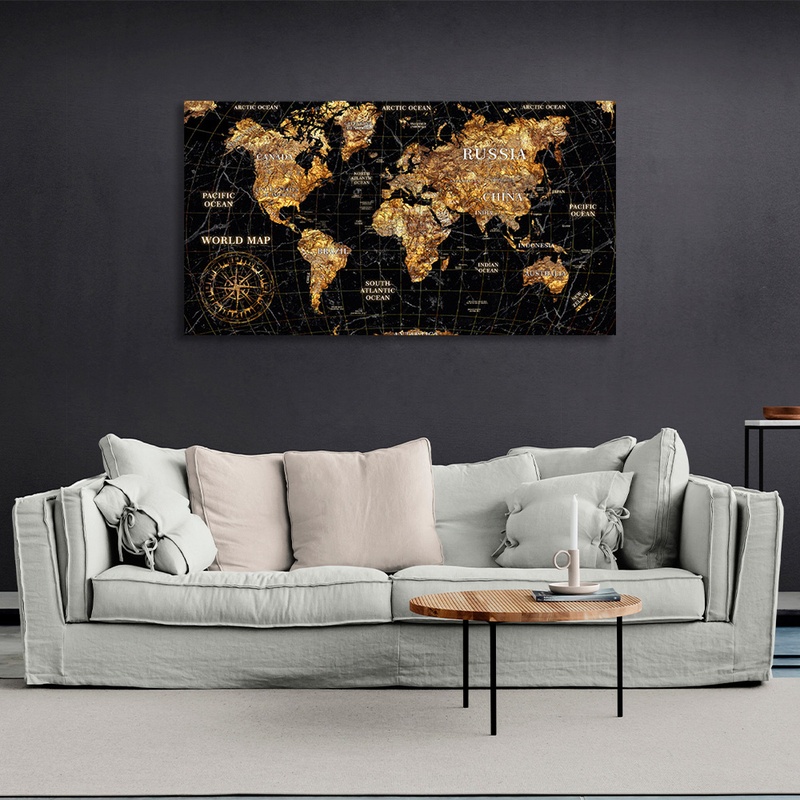 Картина на холсте карта мира в золотых цветах, 30х60 см, Холст полиэстеровый