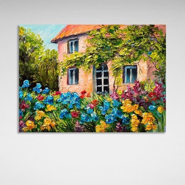 Картина на холсте дом с цветами и деревьями, 30х40 см, Холст полиэстеровый