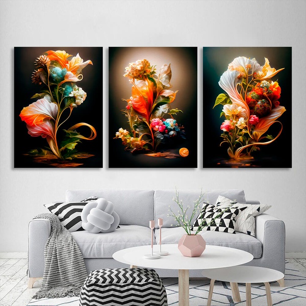 Картина на полотні на стіну модульна інтер'єрна триптих із 3 частин Квіти ретро, 3 частини по 30х40 см, Холст поліестеровий