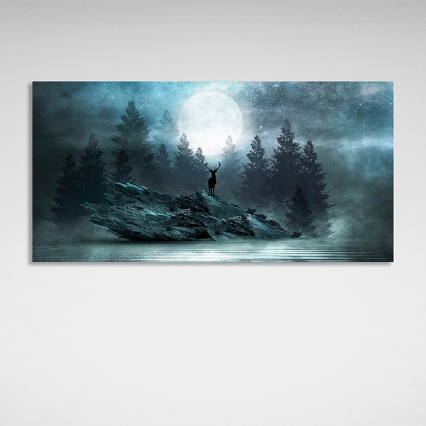 Картина на холсте олень на скале на фоне леса под луной, 30х60 см, Холст полиэстеровый