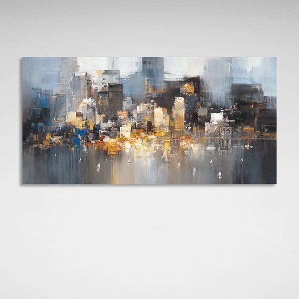 Картина на холсте большой город имитация рисунка маслом, 30х60 см, Холст полиэстеровый