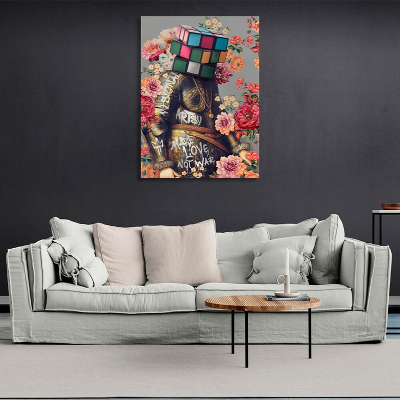 Картина на холсте на стену в гостиную Рыцарь в цветах голова кубик рубика граффити левый, 30х40 см, Холст полиэстеровый